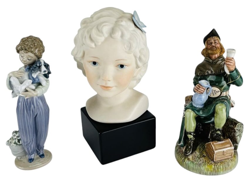 Lladro Doulton & Cybis Porcelain Figurine 3pc LOT: Includes the following curio cabinet display figurines. Lladro Spain My Buddy #7609 Production years 1989-1992. Designed by Antonio Ramos. Royal Doulton Robin Hood HN2773. Issued 1985-1990. Designed