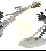 Rosenthal 'Woman with Saluki' Porcelain Figurine: Rosenthal Deco-style glazed porcelain figurine titled 'Woman with Saluki'. This piece captures a graceful young woman in a short, flowing dress dancing alongside a leaping Saluki dog off-leash. Bears