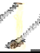 VTG Carved Alabaster Nude Woman Candlestick: Vintage alabaster candlestick with a carved nude female figure supporting a flared candle cup above her head, set on a round alabaster base.Dimensions: 13.75 X 5.25 X 5.25 in. Condition: Good overall