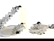 Taste Setter by Sigma Pierrot Ceramic Set 3pc LOT: Taste Setter by Sigma, Japan Art Deco-style ceramic Pierrot figural set including a standing clown figure and two figural dishes/ashtrays in white glaze with black and red accents. The tallest