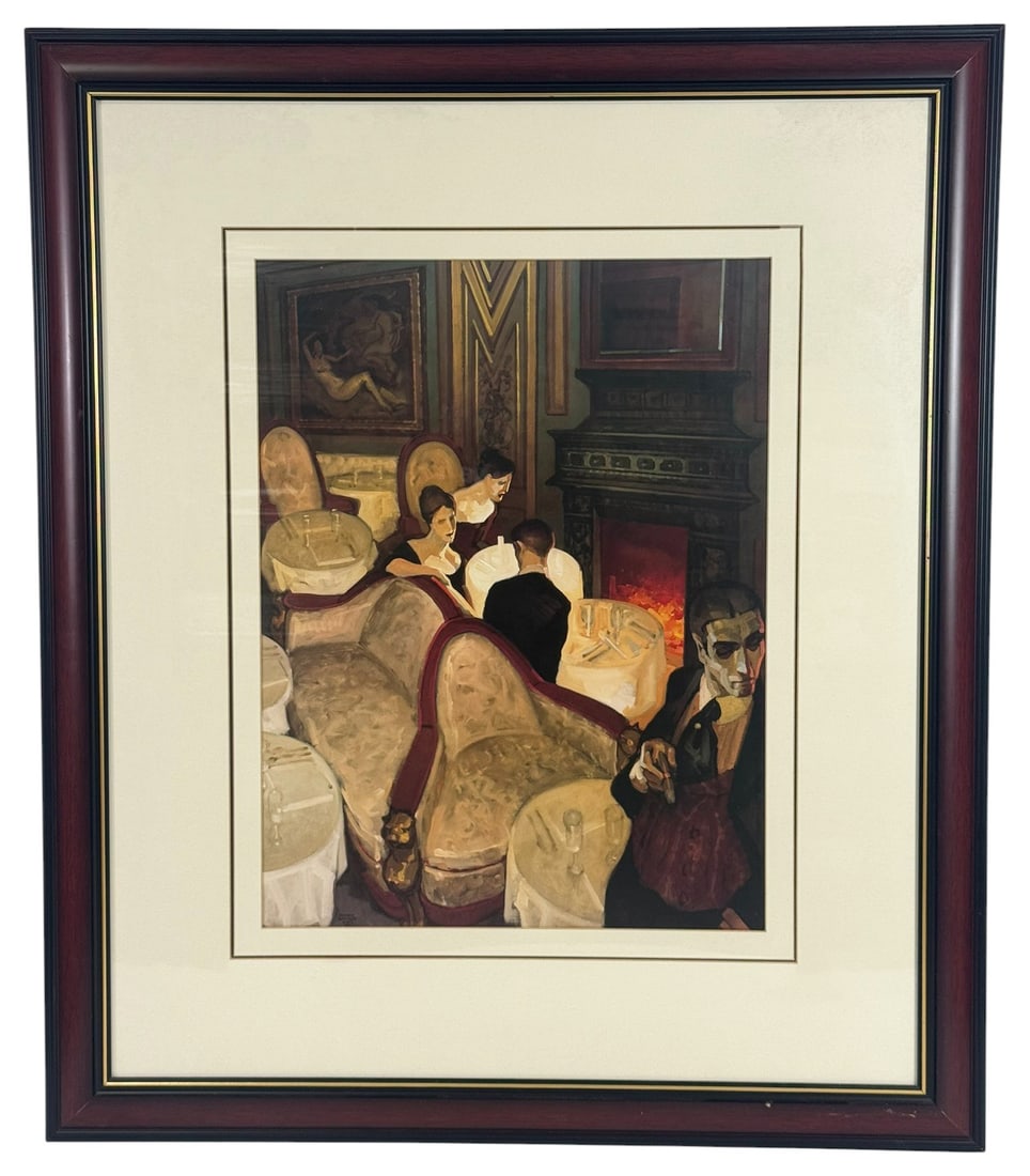 Juarez Machado Paris Cafe Scene Offset Lithograph: Juarez Machado (Brazilian, born 1941) offset lithograph print on paper depicting an elegant Parisian cafe interior with opulent furnishings, plush velvet seating, and a group of well-dressed figures