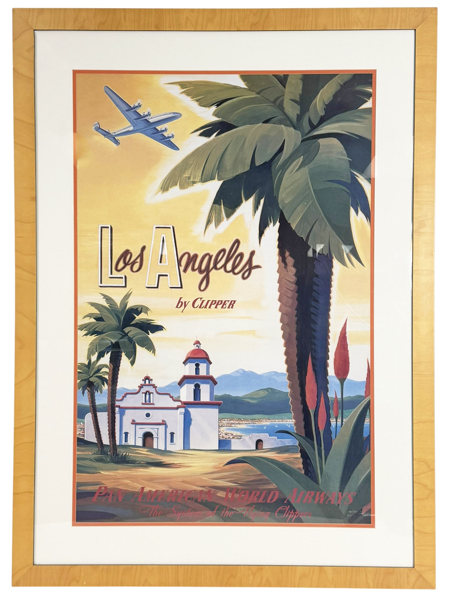 Los Angeles by Clipper Pan Am Travel Repro. Poster: Framed reproduction of a vintage Pan American World Airways travel poster promoting flights to Los Angeles by Clipper. The artwork features bold, stylized imagery of a classic Pan Am propeller