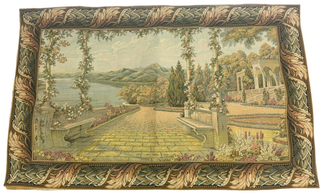 'Terrace Garden View' Wall Hanging Tapestries Ltd.: A finely woven wall tapestry by Tapestries Ltd. of High Point, North Carolina, USA, titled 'Terrace Garden View' (Item #297). The tapestry depicts an elegant classical garden scene with a stone