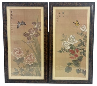 Pr of Framed Chinese Botanical Calligraphy Prints