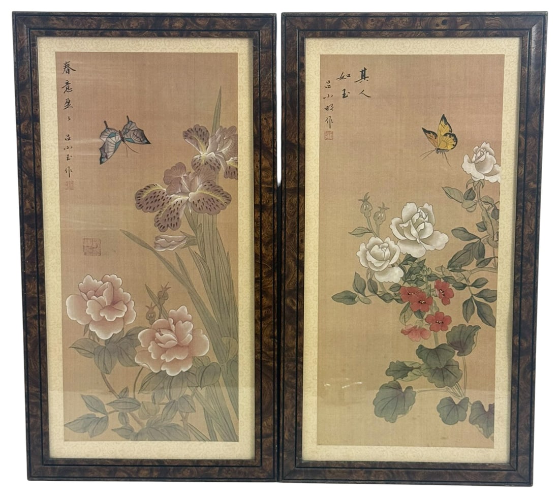 Pr of Framed Chinese Botanical Calligraphy Prints: Pair of traditional Chinese prints featuring finely detailed botanical scenes. Both pieces showcase blooming flowers - peonies, irises, and wild blossoms - accompanied by fluttering butterflies. Each