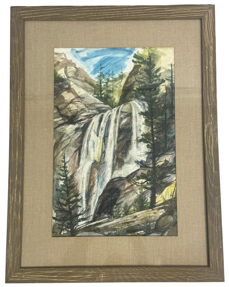 Edith Obel Watercolor Painting 'Waterfall' SIGNED: Edith Obel (American, 20th/21st century) watercolor painting on paper titled 'Waterfall'. Depicting a dramatic mountain landscape with a cascading waterfall surrounded by pine trees and rocky