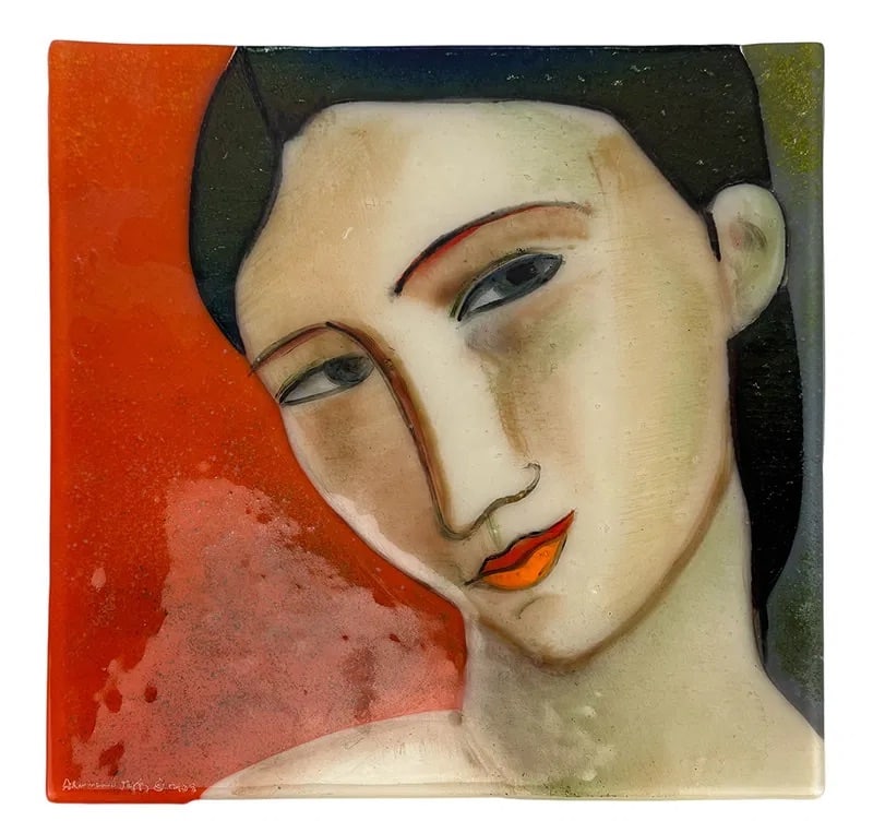 Lady Portrait Face Fused Art Glass Plaque SIGNED: Dawn Adams and Draszyn fused glass art tile titled Katzya dated 12/08. The square glass tile depicts a stylized female portrait in vivid hues of orange, green, and cream, reminiscent of modernist