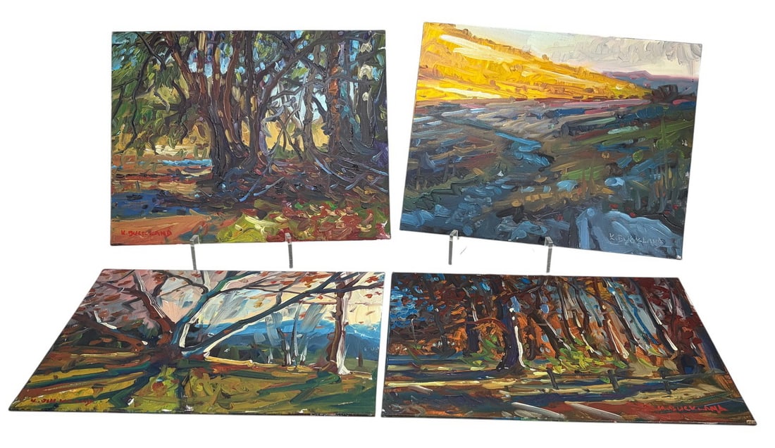 Kyle Buckland b1984 Oil Paintings on Board 4pc LOT: Kyle Buckland (American, born 1984), set of four plein air oil paintings on board, each signed 'K. Buckland' and titled on verso, depicting vibrant landscape scenes in an Impressionist style. Each