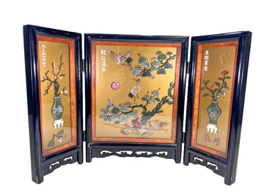 Chinese Wood & Natural Stones Folding Screen