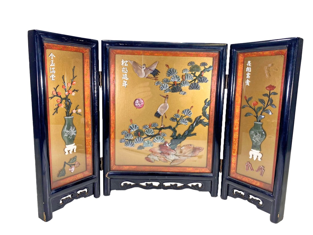 Chinese Wood & Natural Stones Folding Screen: Chinese lacquer folding screen with hardstone inlays. Crane and pine scene with pink moon, floral side panels. Reverse with painted chrysanthemums, gilt calligraphy, and pierced base. The folding