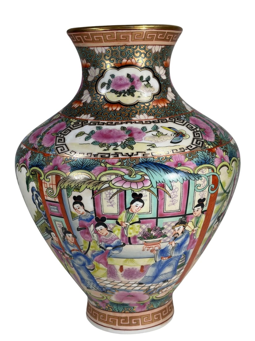 Chinese Famille Rose Style Porcelain Wall Vase: Chinese Famille Rose style wall vase with enamel court scene, florals, and gilt borders. Reverse with hanging holes and keyhole mount. Red seal mark on its base.Dimensions: 13 X 9.75 X 4.75 in.