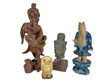 Chinese Wood, Stone, Bronze & Ceramic Fig 4pc LOT