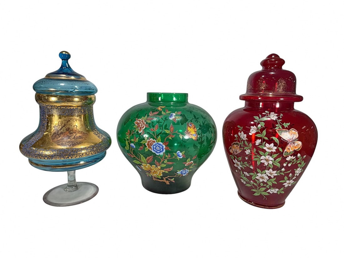 Japanese Red, Orleans & Blue Glass Jar 3pc LOT (1 of 15)