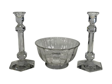 Tiffany Bowl & Val St Lambert Candlesticks 3pc LOT