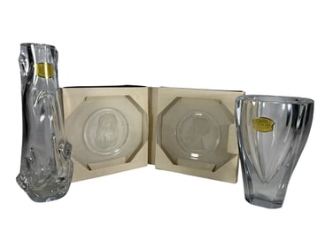 Val St Lambert Crystal Vases & Plates 4pc LOT