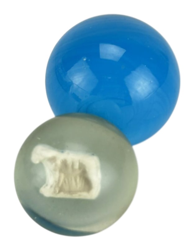 White Sulphide Sheep & Blue Swirl Glass Marble LOT (1 of 2)