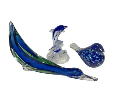 Murano Art Glass Dolphin, Duck & Bird 3pc LOT