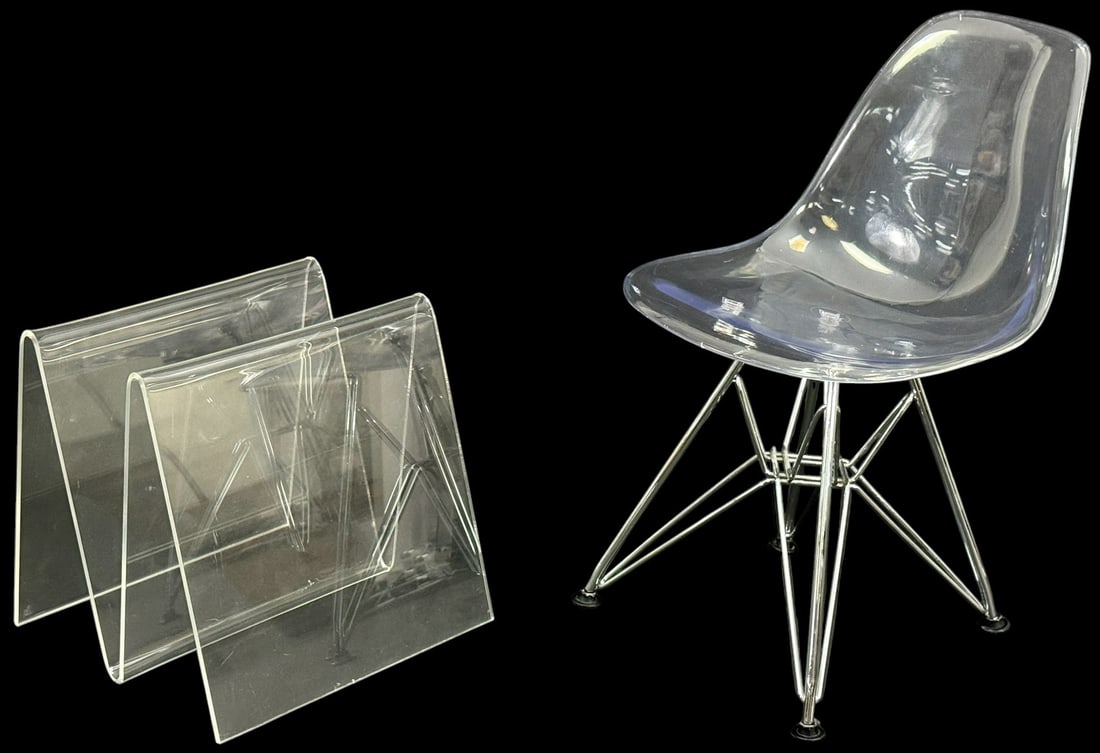 MCM Lucite Acrylic Magazine Rack & Child's Chair: Additional lot information coming soon!Condition: Good overall condition having normal age related surface wear with scratches and scuffs, consistent with age. Good overall condition having normal age