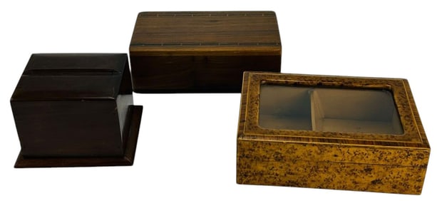 Birds Eye Maple & Inlaid Wood Storage Boxes 3p LOT