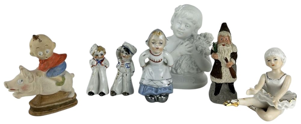 Porcelain & Ceramic Mini Miniature Figurines 7pcs: Eclectic group lot of seven figural miniatures including glazed and bisque porcelain figurines and painted composition. Includes a white bisque bust of a young girl with flowers marked Bonne Fete to t