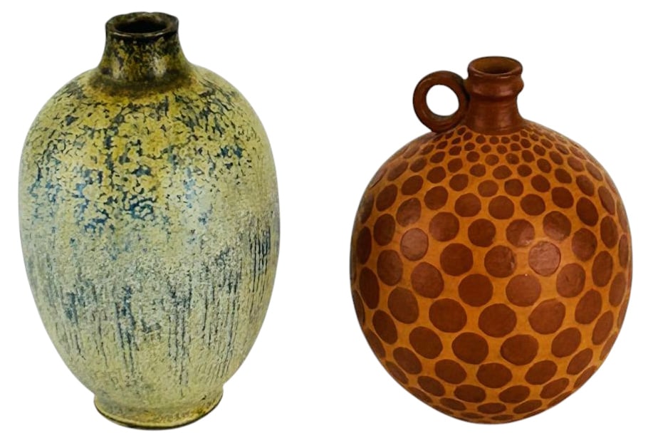 Studio Art Pottery Miniature Vessel Vases 2pc LOT: Pair of handmade studio pottery vessels including rounded bottle shaped form with loop handle and dot pattern decoration alongside an ovoid form showing mottled glaze surface. Measurements range from