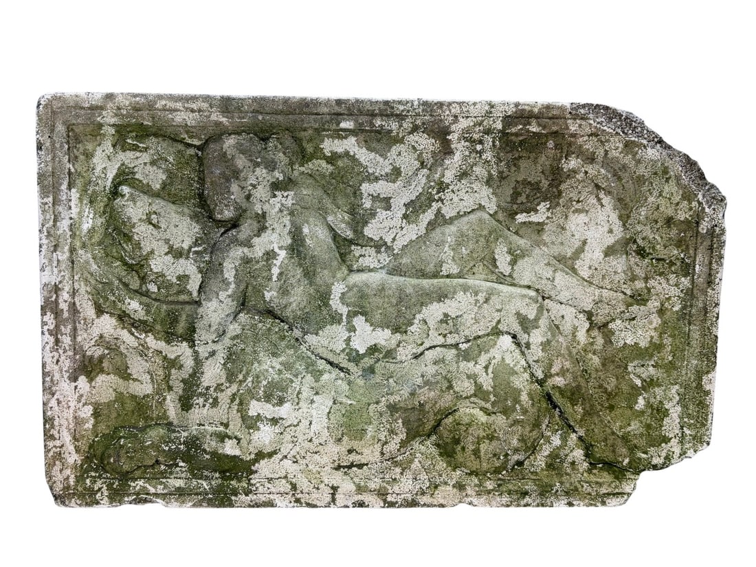 Vintage Nude Woman & Lion Cement Wall Plaque: Vintage cement wall plaque in high relief, depicting a reclining nude woman with a lion in classical style.Rectangular form with angled upper corners and molded border.Dimensions: 10 X 16.5 X 1.25