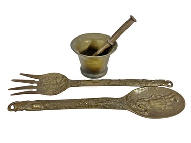 Bronze Mortar & Pestle, Spoon & Fork 3pc LOT