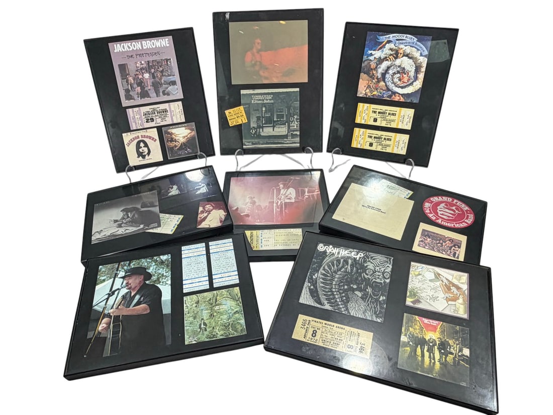 Rock Stars Framed Pictures & Show Tickets 8pc LOT: Eight framed rock music memorabilia displays featuring photographs, album imagery, and original concert tickets from classic rock artists. The largest measures approximately 11 inches tall by 8.5