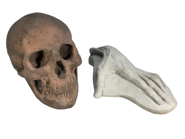 Modern Plaster Hand & Ceramic Skull 2pc LOT