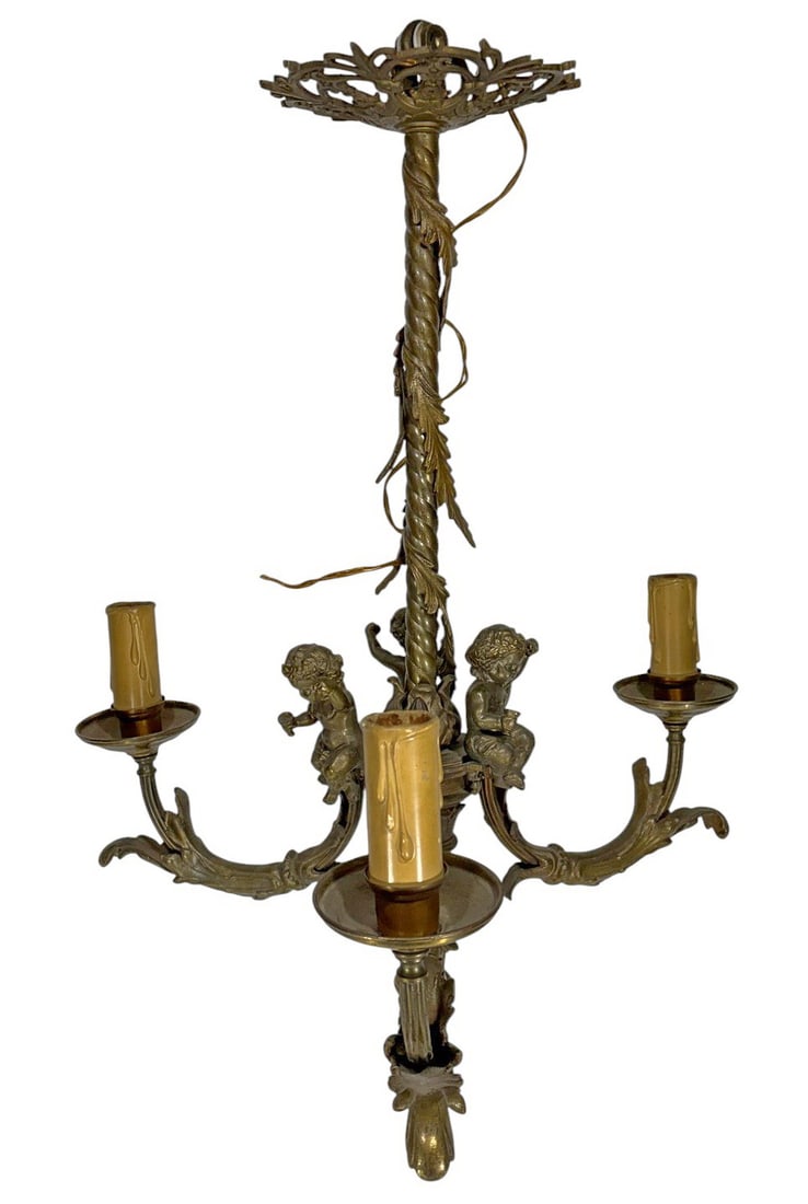 Vintage French Bronze 3 Lights Cherubs Chandelier (1 of 6)
