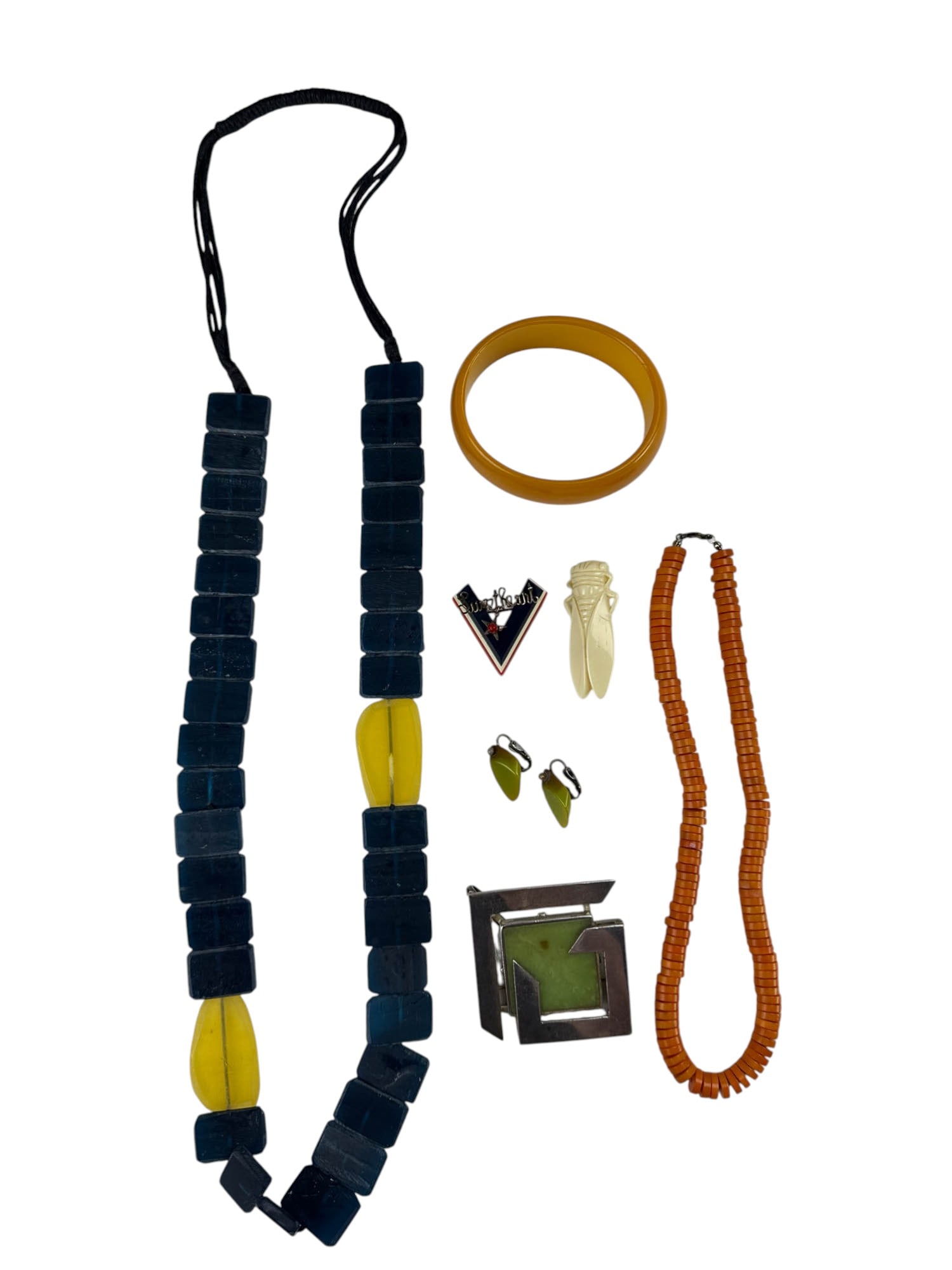 Bakelite Galalith Resin Bangle Brooch Necklace 6pc (1 of 6)