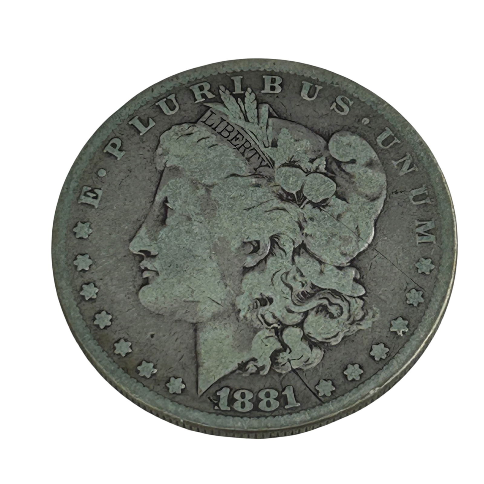 United States 1881 Morgan Silver Dollar Coin: United States 1881 Morgan Silver Dollar designed by George T. Morgan. Features Liberty in profile on the obverse and a heraldic eagle on the reverse surrounded by the legend and denomination. Struck i