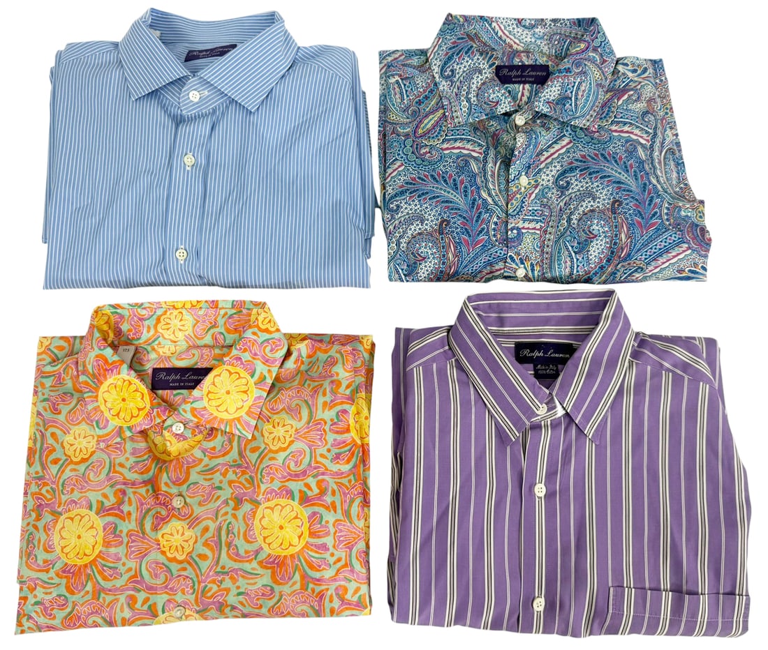 Ralph Lauren Purple Label Men's Dress Shirts 4pcs: Lot of four Ralph Lauren Purple Label 100% cotton mens button-down dress shirts, showcasing the brands renowned craftsmanship and luxury tailoring. This assorted collection includes both solid and str