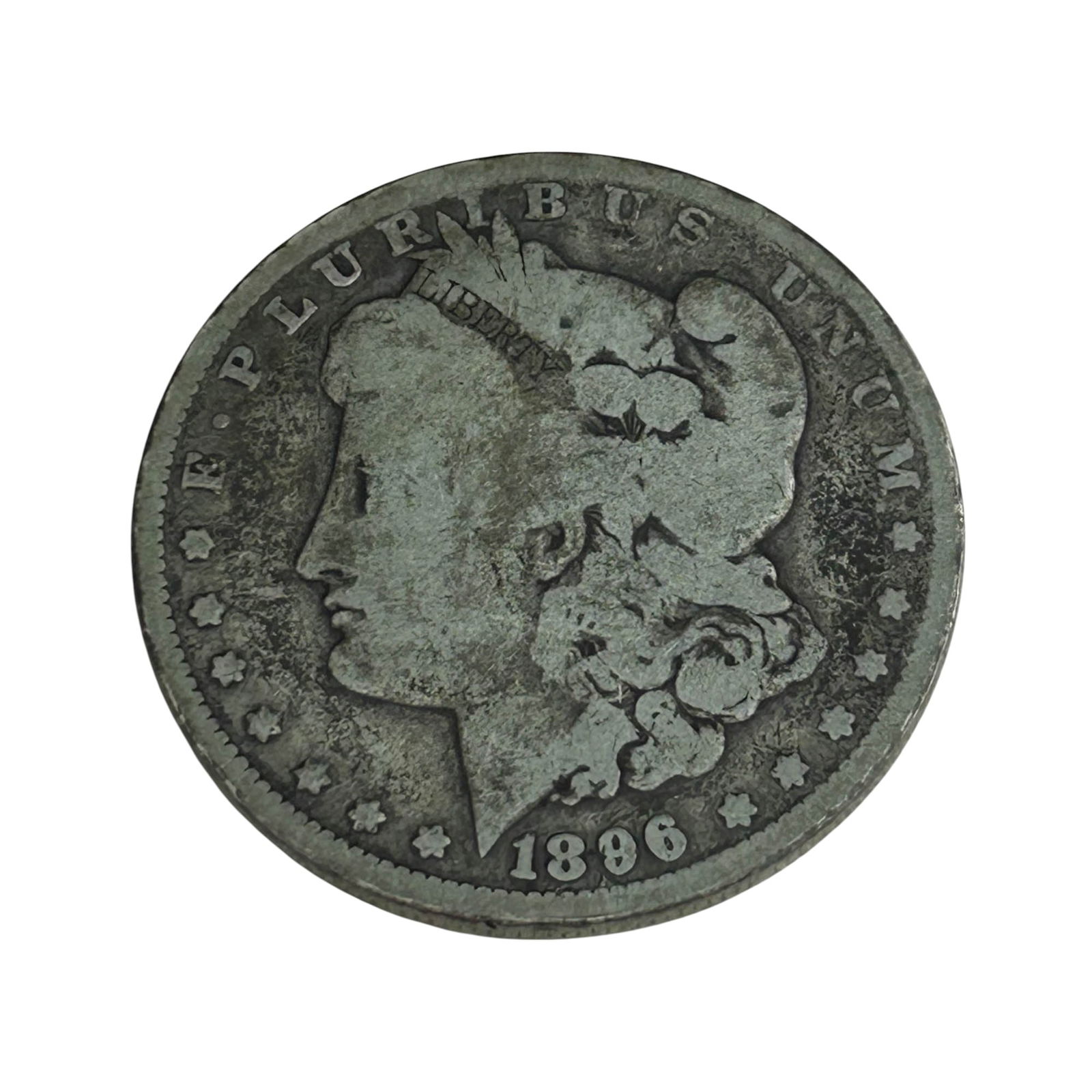 United States 1896 O Morgan Silver Dollar Coin: United States 1896 Morgan Silver Dollar struck in New Orleans. Designed by George T. Morgan, the obverse features Liberty in profile with the motto E Pluribus Unum, while the reverse displays a herald