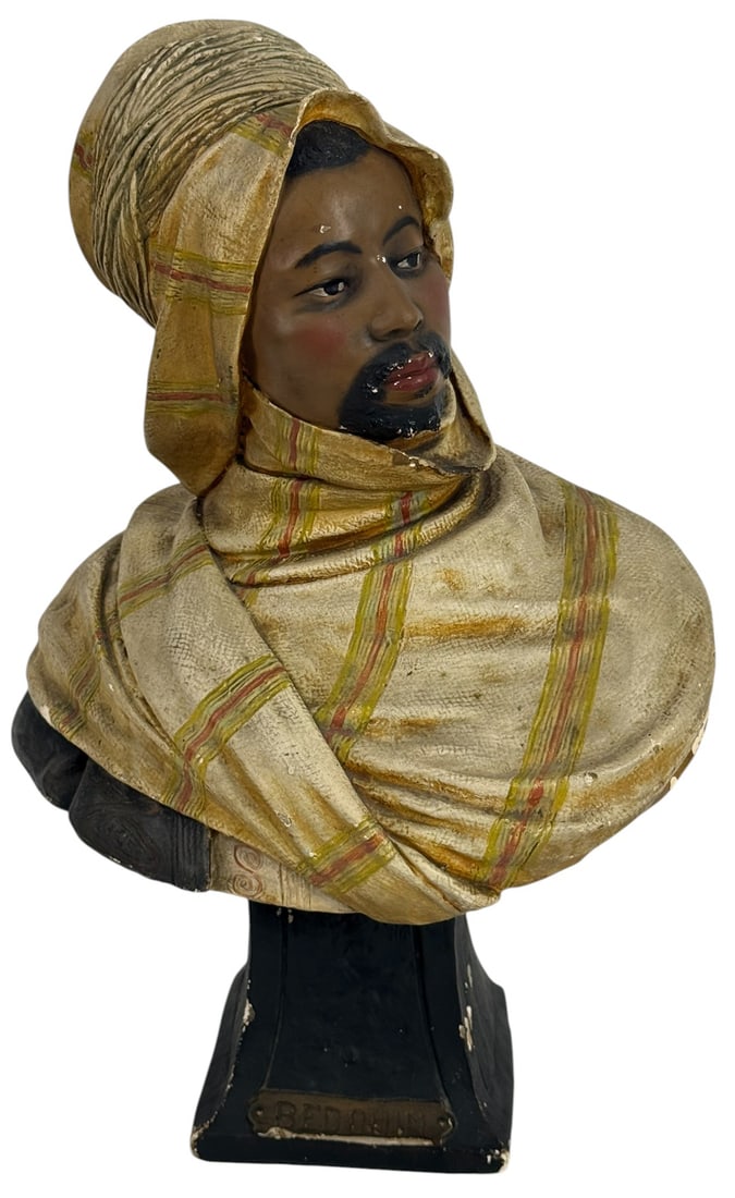 20th C Polychrome Terracotta Bust of a Bedouin Man: Vintage modeled polychrome terracotta bust sculpture of a Bedouin man. Executed in the distinctive orientalist style popular in the late 19th to early 20th century after Friedrich Goldscheider. Mounte