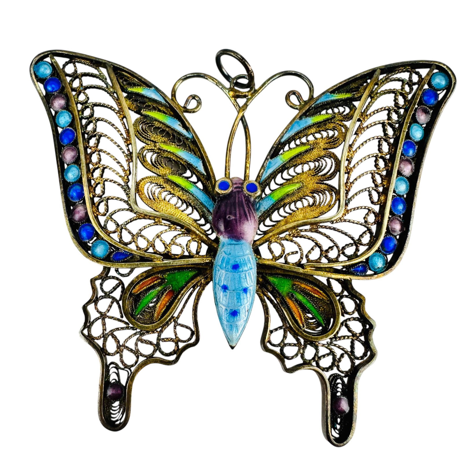 Chinese Silver Enamel Filigree Butterfly Pendant (1 of 4)