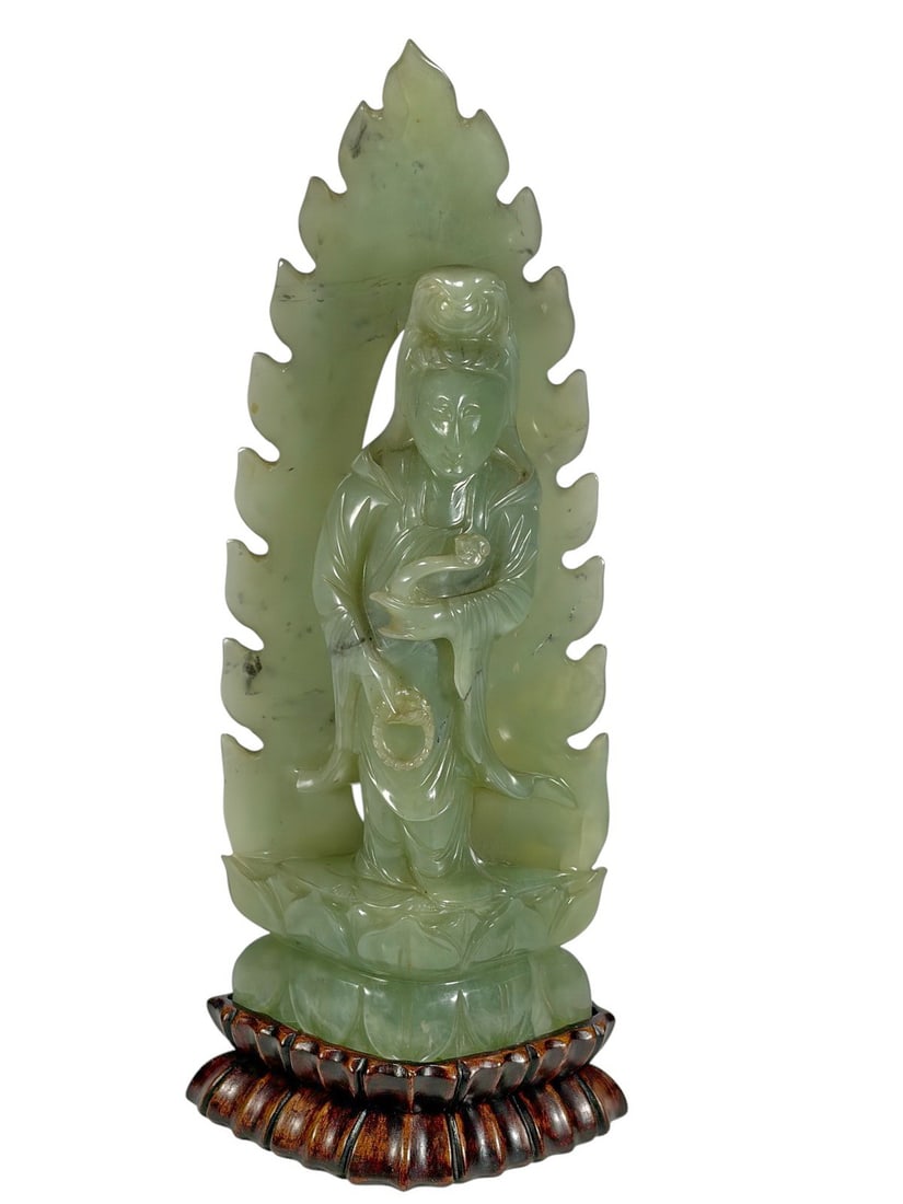 Chinese Carved Jadeite & Wood Standing Figurine (1 of 5)