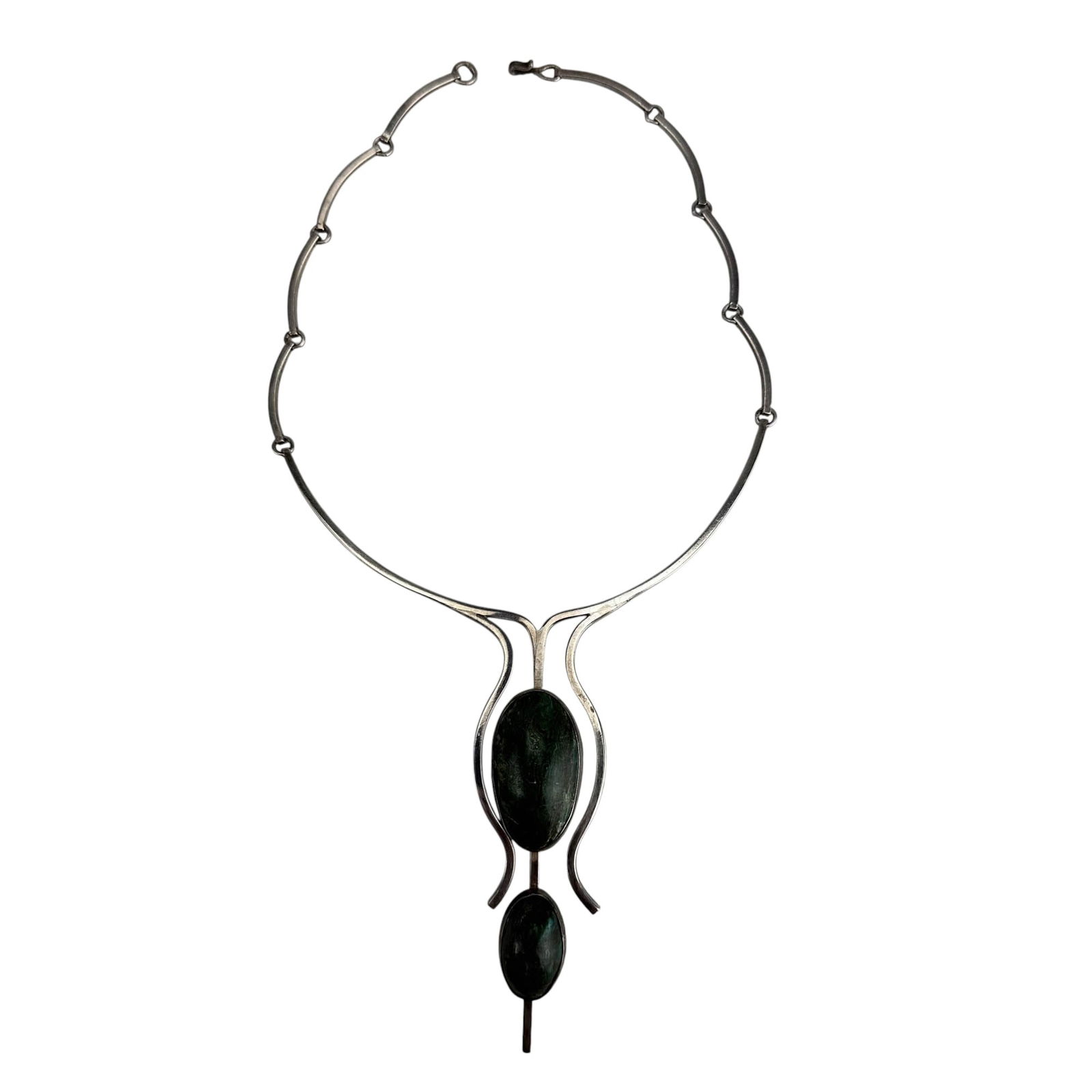 Sterling 925 Malachite Modernist Pendant Necklace: Studio hand crafted jewelry article featuring a linked collar with pendant set with two oval green malachite type cabochons. Constructed from curved bars with hook clasp. Measures approximately 13.25"