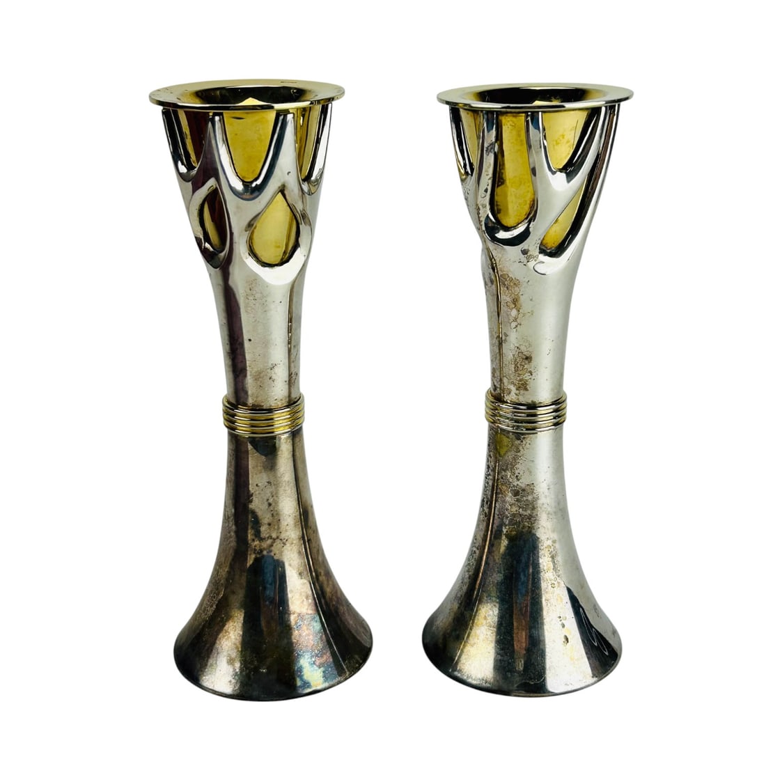 Rosenthal Gilt Silverplate Candleholder PR w/ Box: Rosenthal boxed pair of silver plated trumpet form candlesticks with gilt interior and decorative accents, presented in the original burgundy velvet lined case. Each exhibits an Art Deco styling with