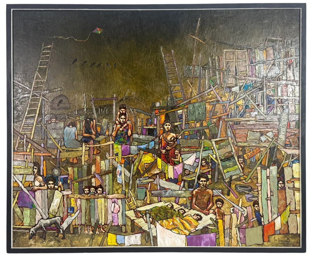 Ivo Uquillas Portoviejo Acrylic Painting on Canvas: Ivo Uquillas (20th/21st century) acrylic painting on canvas titled 'Portoviejo, 1989'. This large-scale work depicts a densely populated Costa Rican favela-style hillside settlement portraying a