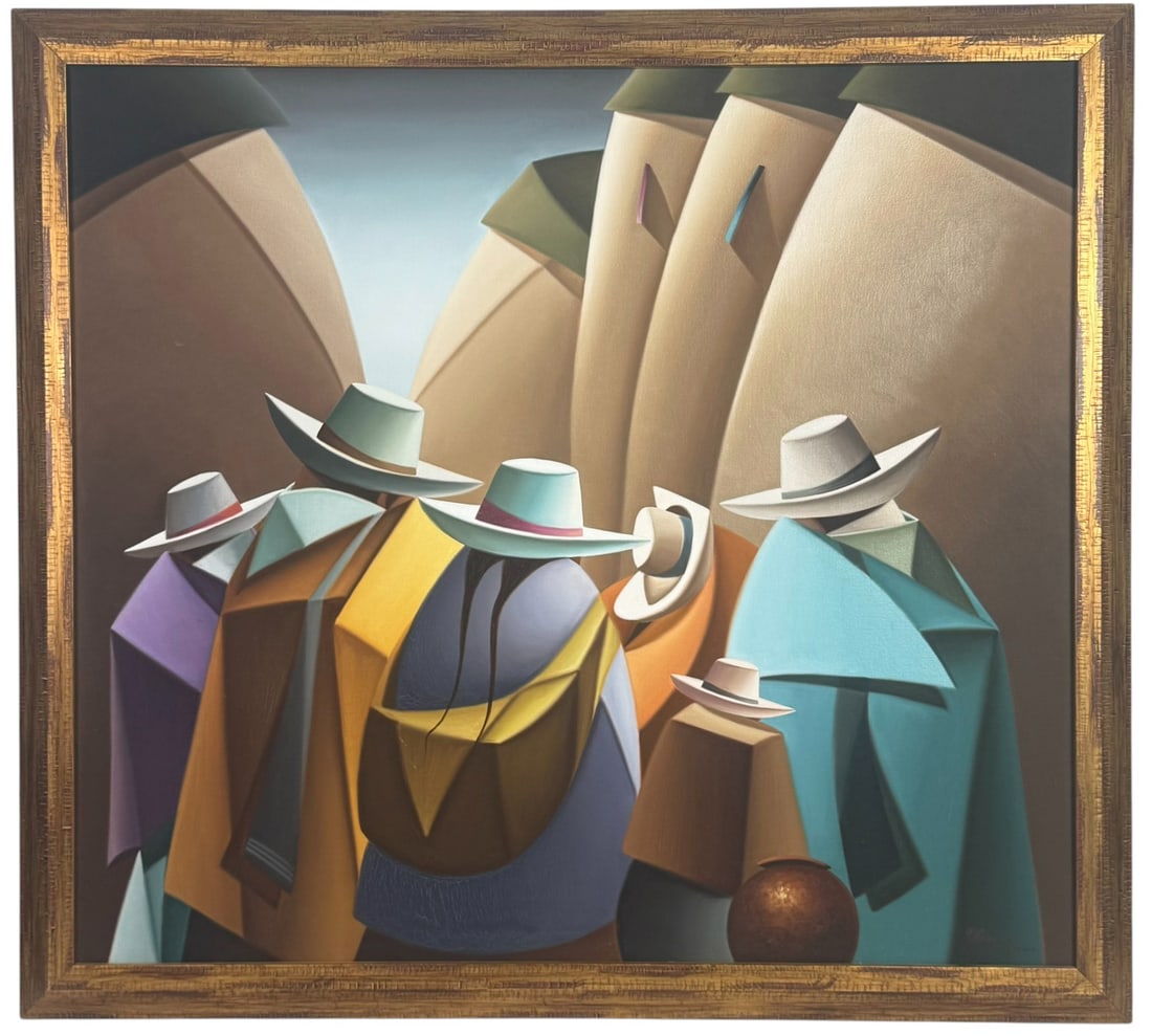 Julio Portocarrero Cubist Oil Painting on Canvas: Julio Portocarrero (Peruvian, 20th/21st century) oil painting on canvas depicting a group of figures in traditional Andean attire rendered in a striking cubist manner. The composition features
