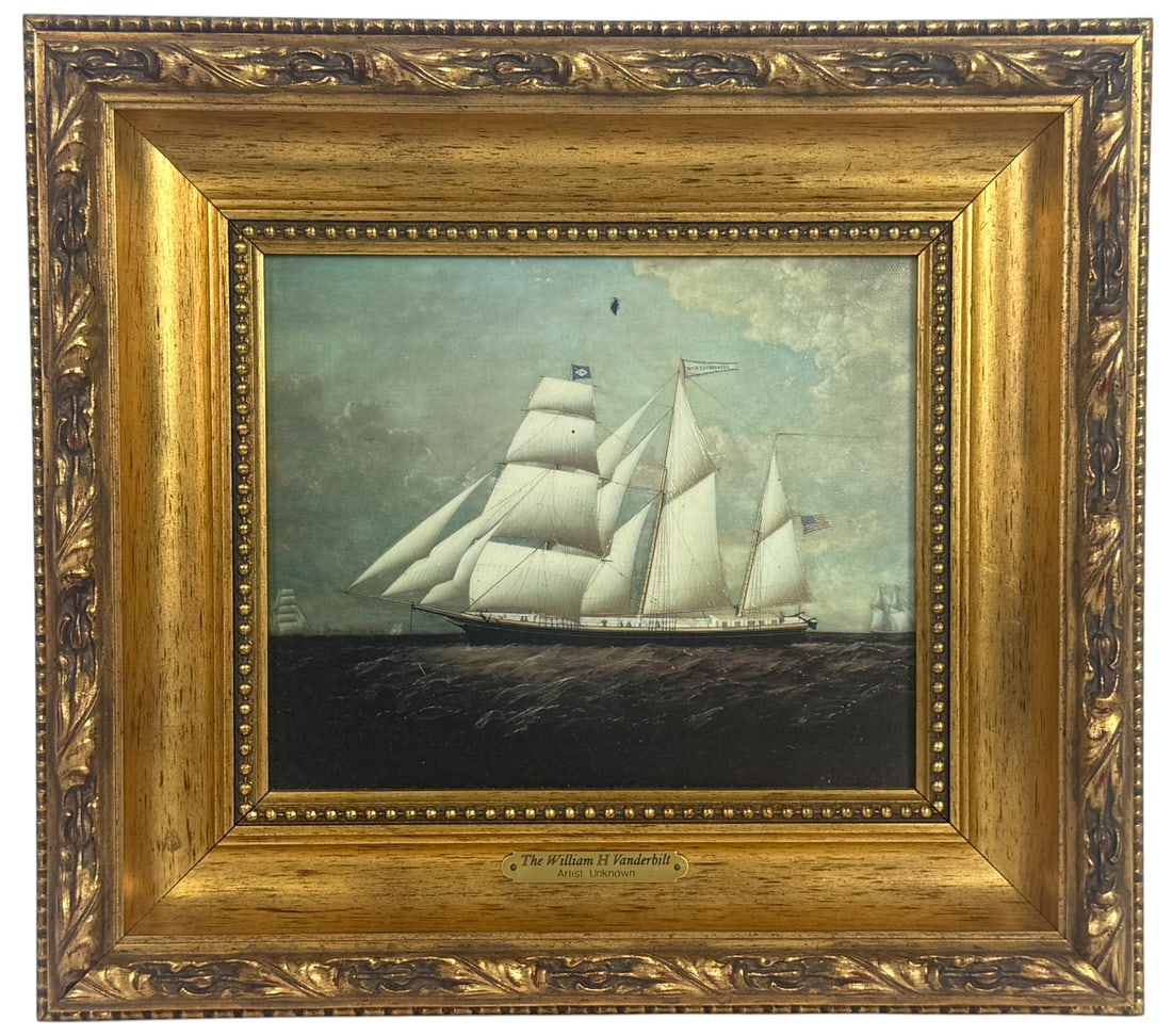 The William H Vanderbilt Sail Ship Maritime Giclee: Contemporary hand-embellished maritime giclee on canvas depicting the clipper ship William H. Vanderbilt under full sail, shown gliding across dark, choppy waters beneath a partly clouded sky. The