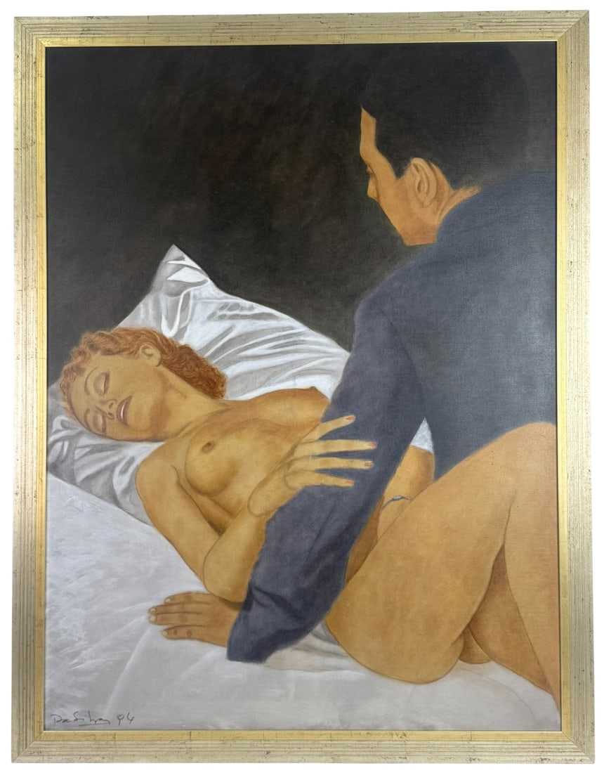 Da Silva Signed Impressionist Oil Painting 50 x 38: Da Silva (20th/21st century) large-scale oil painting on canvas executed in an intimate and provocative style, depicting a reclining nude woman and a clothed male figure partially obscured in the