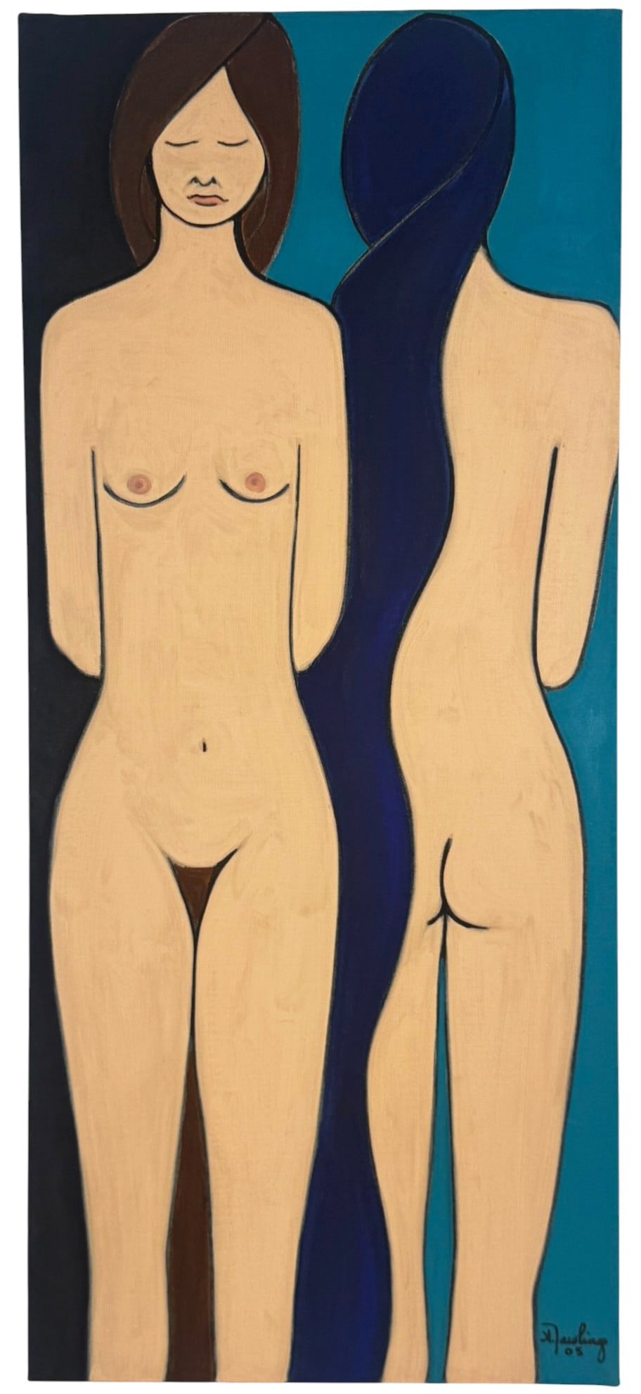 Annette Rawlings 'Figures from Mazatlan' Painting: Annette Rawlings (American, born 1943) oil painting on linen titled 'Figures from Mexico - Mazatlan'. Featuring two nude femalef figures, one frontal and one rear-facing, rendered in bold outlines