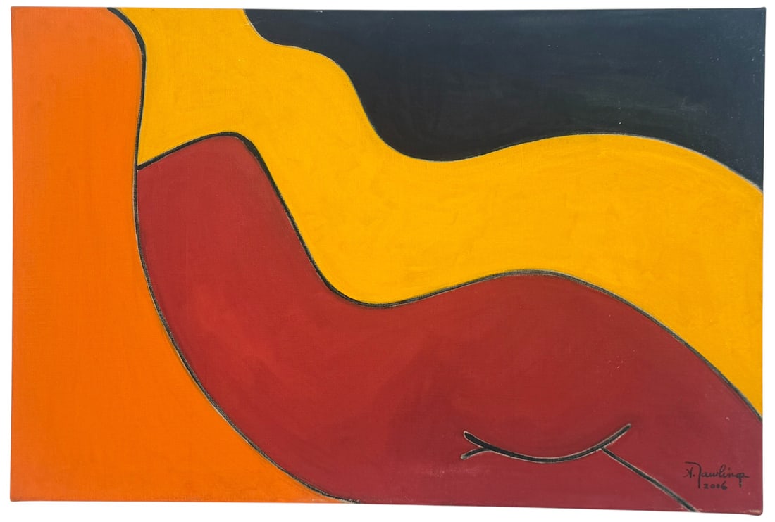Annette Rawlings Women of Paris - Aloutte Painting: Annette Rawlings (American, born 1943) oil painting on linen titled 'Women of Paris - Aloutte'. This composition depicts a reclining nude figure abstracted into interlocking curves using colors and