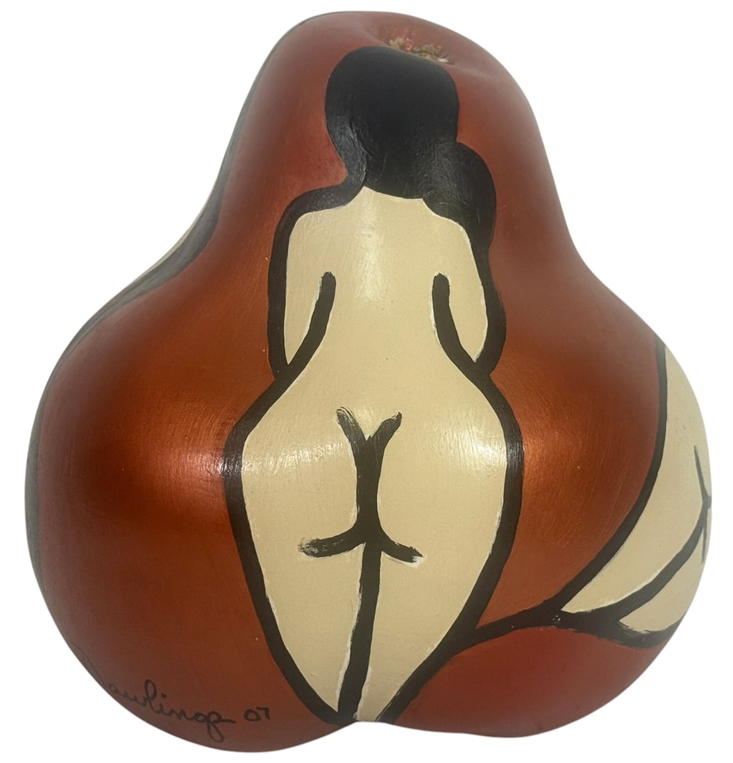 Annette Rawlings Hand-Painted Ceramic Sculpture: Annette Rawlings (American, born 1943) ceramic sculpture hand-painted with stylized nude figures reticulated in different poses. The piece is signed and dated 'A. Rawlings 07' to the lower part of the
