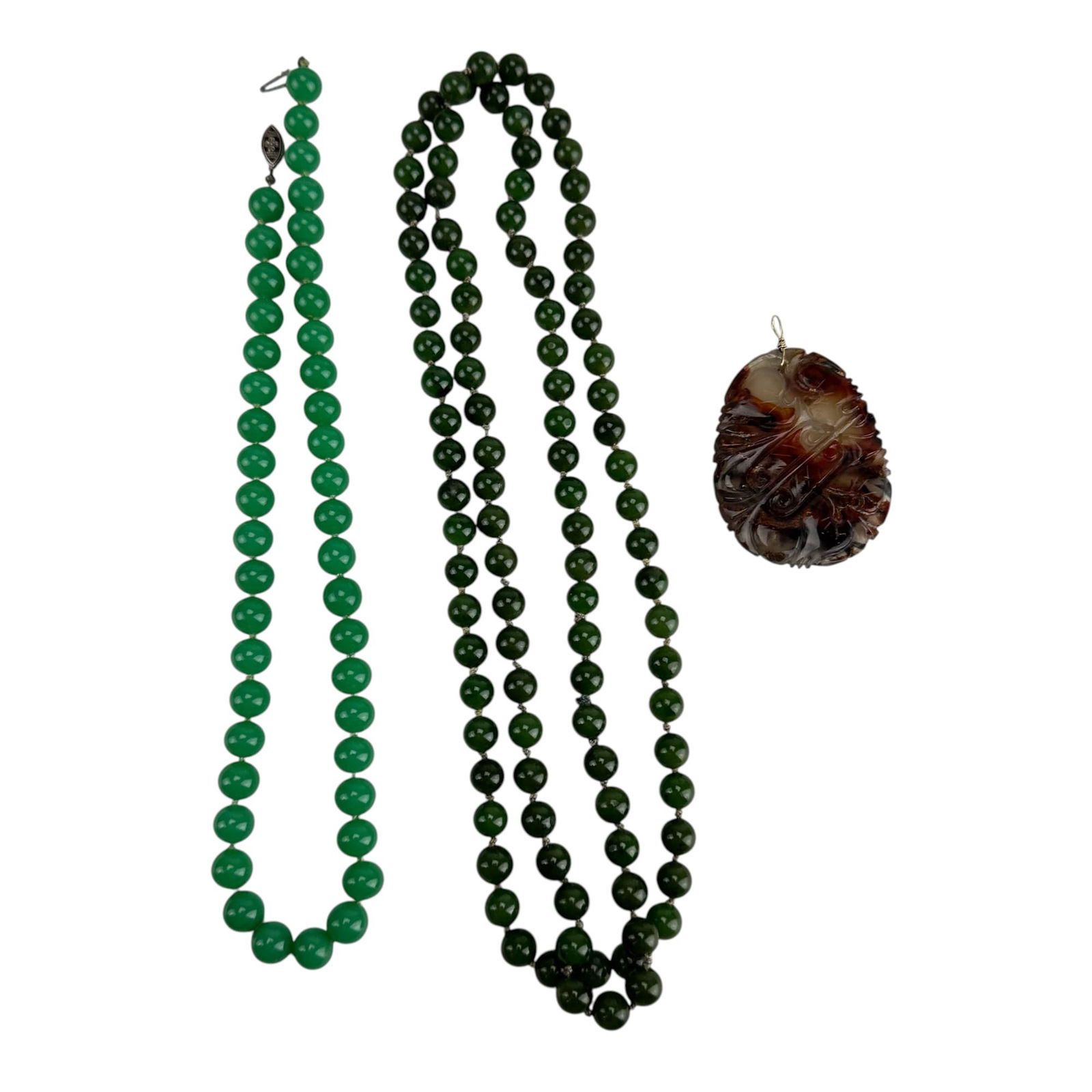 Green Jade & Glass Necklace w/ Agate Pendant 3pc (1 of 5)