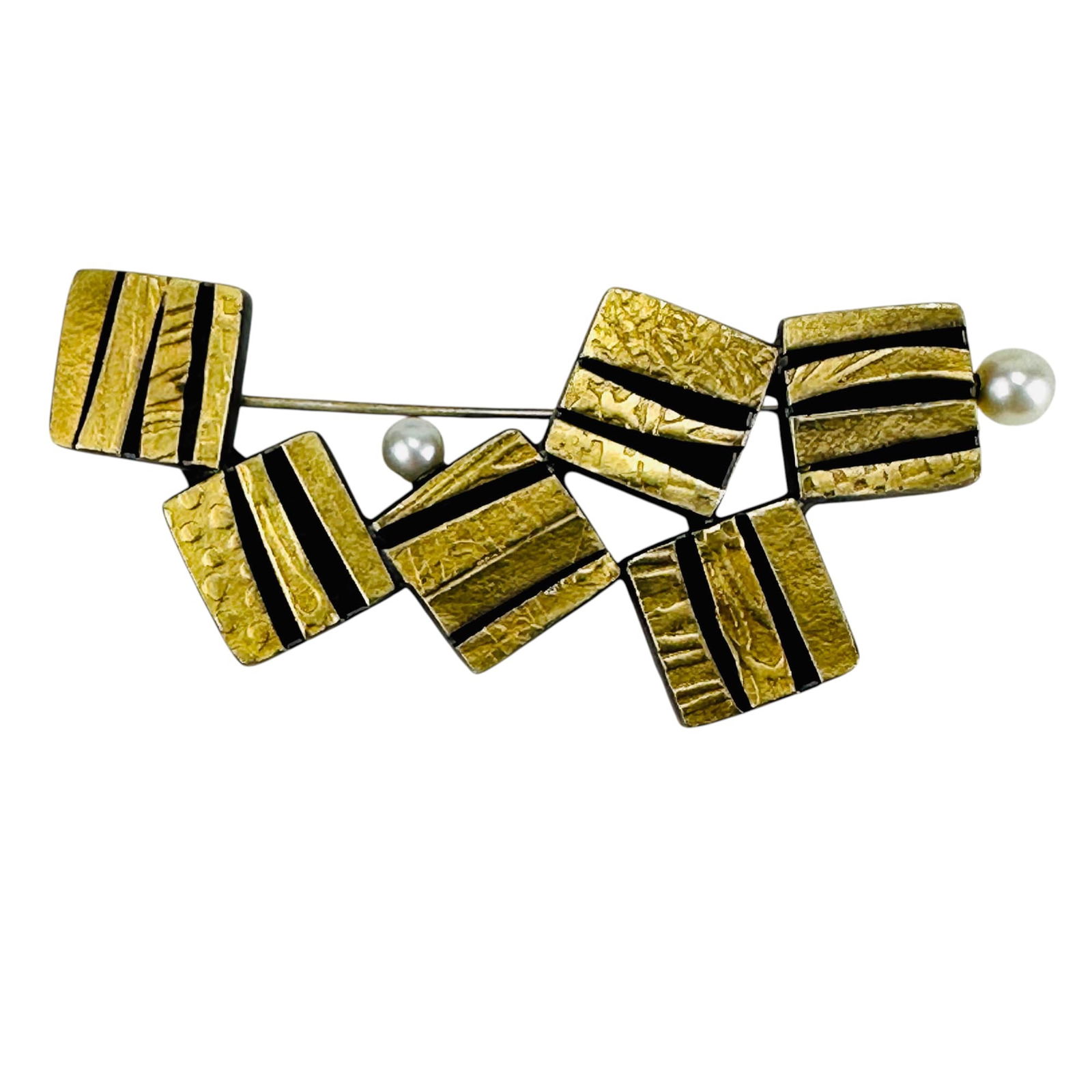Sydney Lynch Sterling, 18K Gold & Pearl Brooch Pin: Sydney Lynch (American, born 1951), notable jewelry designer. Geometric brooch composed of textured gold tone squares with alternating raised bands and integrated pearl terminals. Measures approximate
