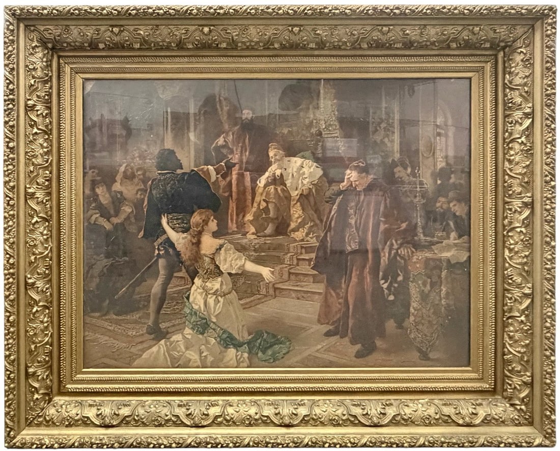 Othello After Edouard Frederic W. Richter Print: A dramatic 'Othello' print after Edouard Frederic Wilhelm Richter (French, 1844 - 1913), depicting a theatrical court scene with richly costumed figures rendered in deep, moody tones. Presented under