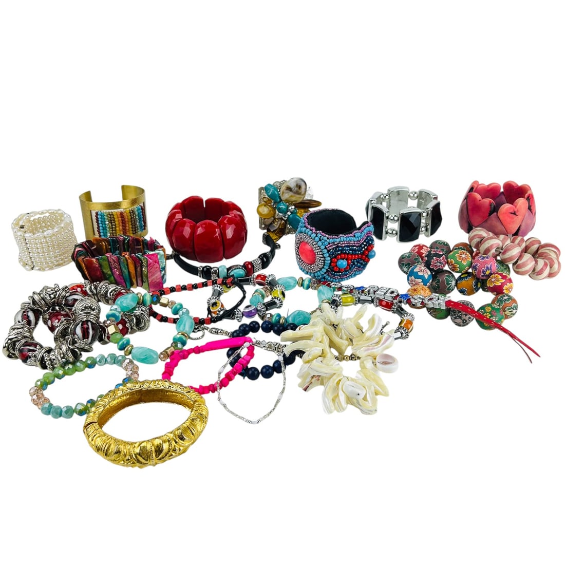 Glass Bead Gold Tone MOP Bangle Cuff Bracelet LOT (1 of 9)